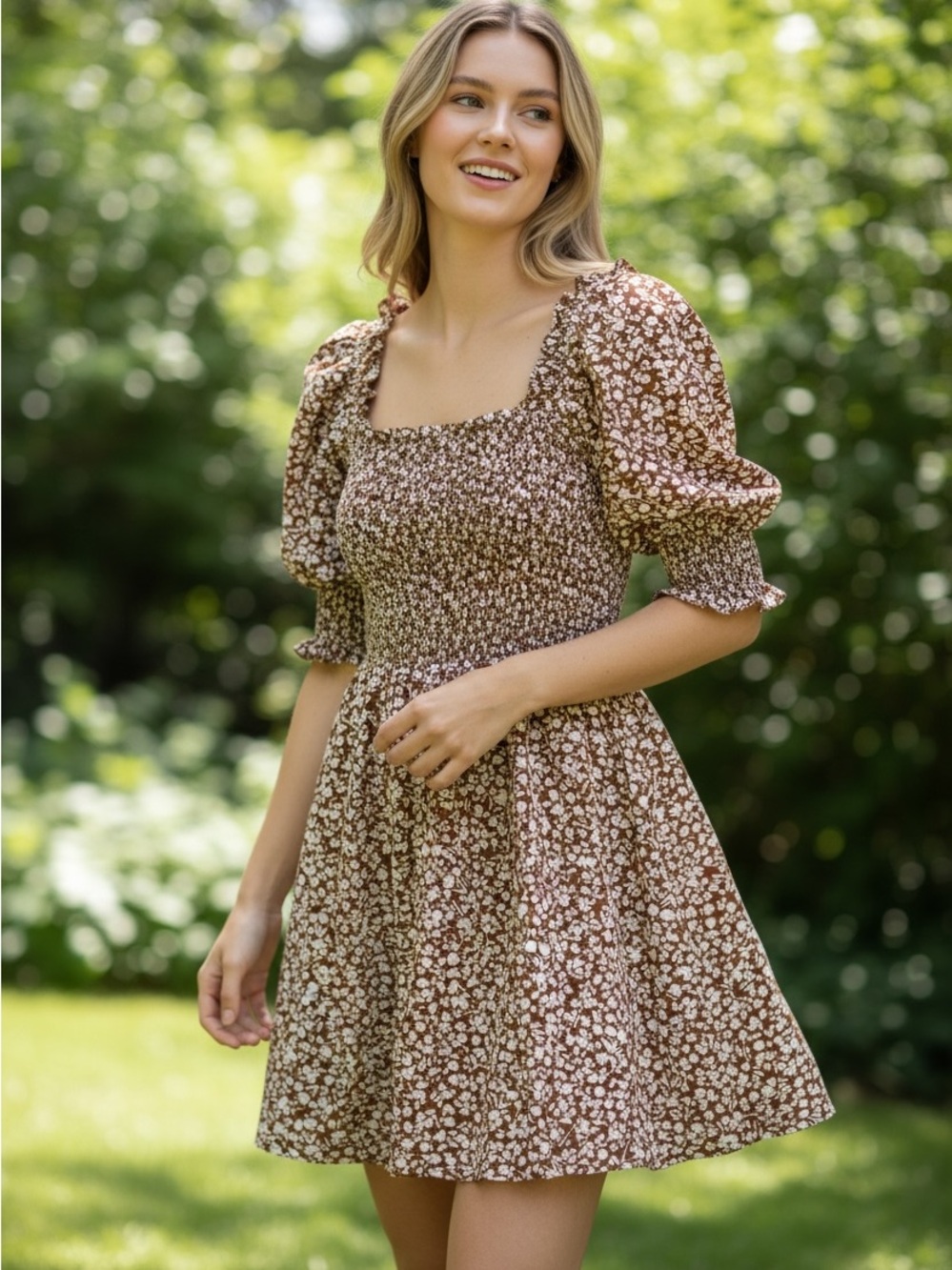 1. State.  Brown Floral Smocked Square-Neck Mini Dress
